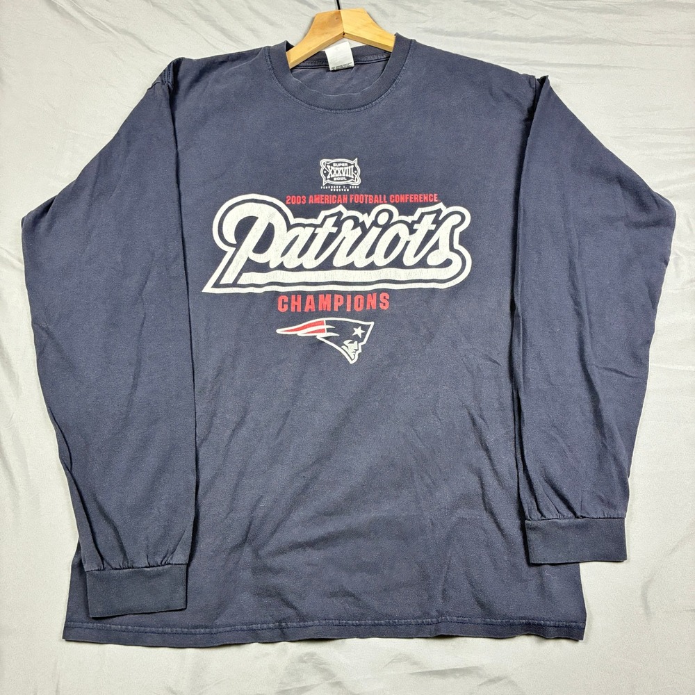 Anvil Y2K Patriots Long Sleeve Shirt Mens L Navy 2003 AFC Champions Super Bowl